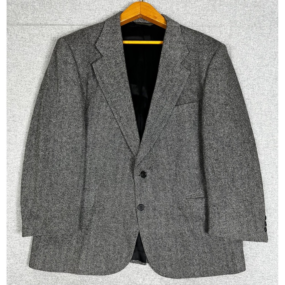 VTG Tweed Sport Coat 46R Grey Herringbone Wool Blazer Made in USA American Trend